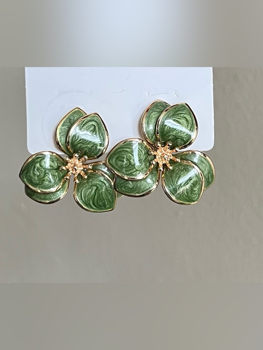 Green Enamel Flower Stud Earrings with Gold Accents